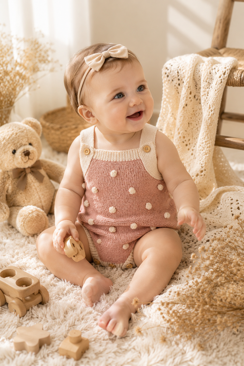 Bobble Knit Baby Romper | Soft Cotton Blend Sleeveless Onesie