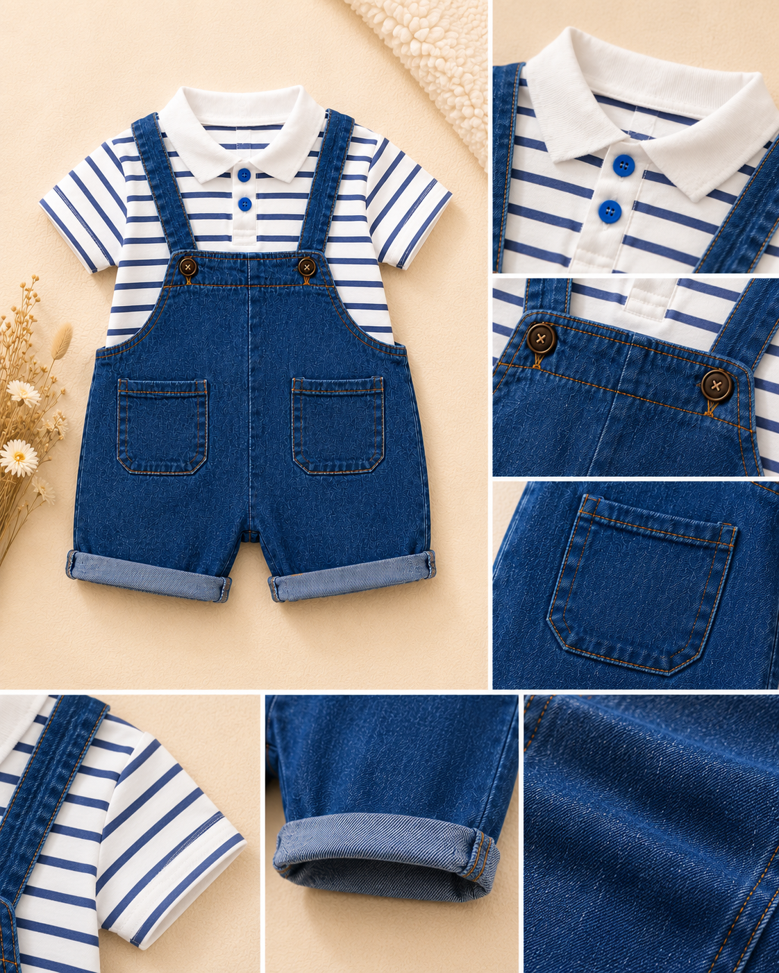 Baby Striped Polo Shirt & Denim Shortalls Set | Summer Outfit