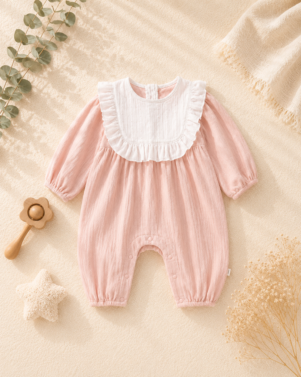 Vintage Pink Cotton Baby Romper with Ruffle Collar