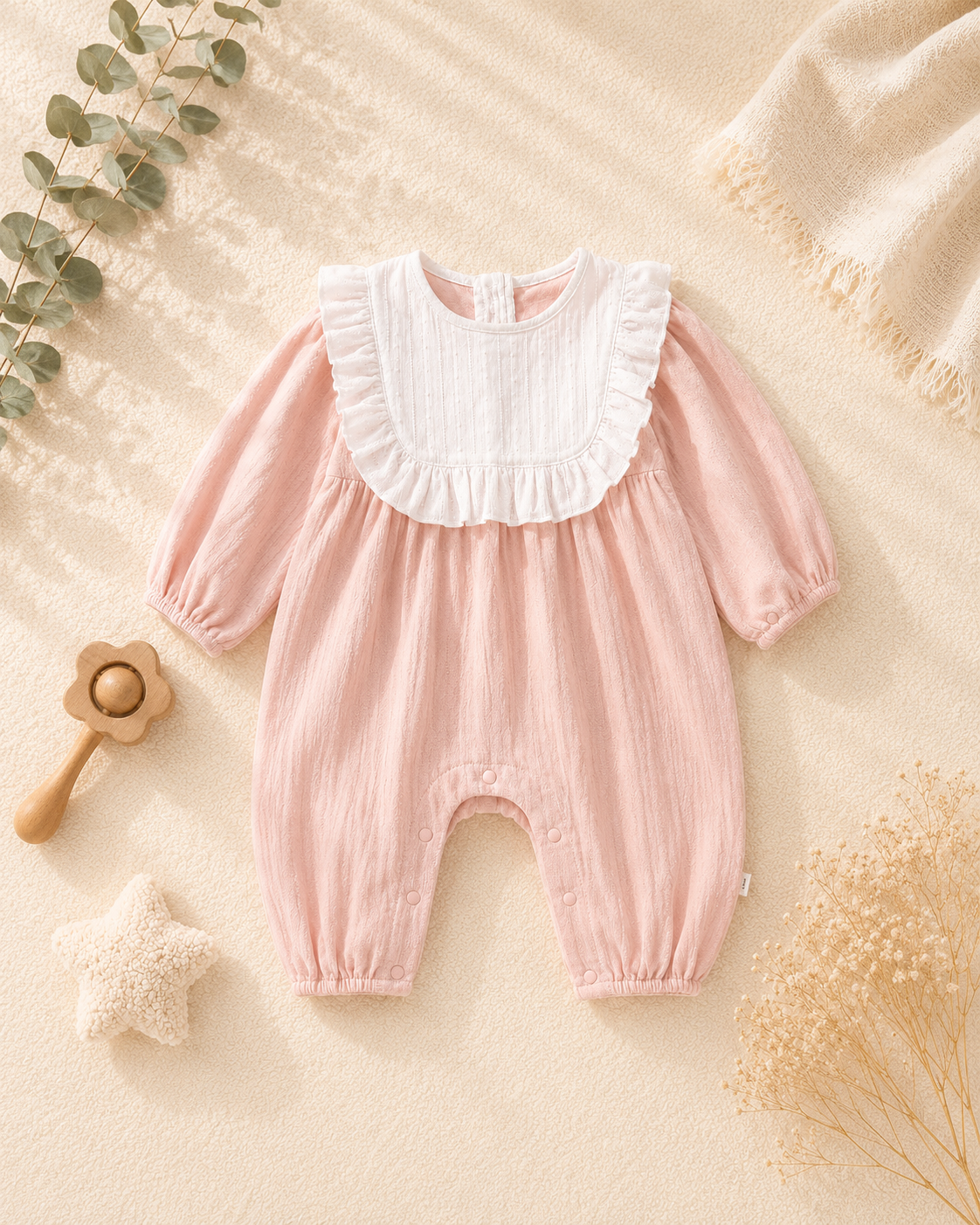 Vintage Pink Cotton Baby Romper with Ruffle Collar