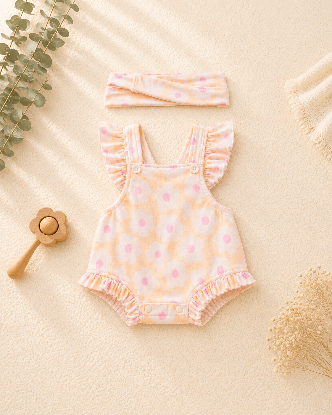 Peach Daisy Baby Romper & Headband Set