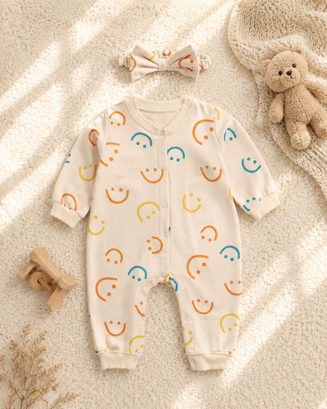 Smiley Print Baby Romper with Matching Headband | 100% Cotton Long Sleeve Jumpsuit