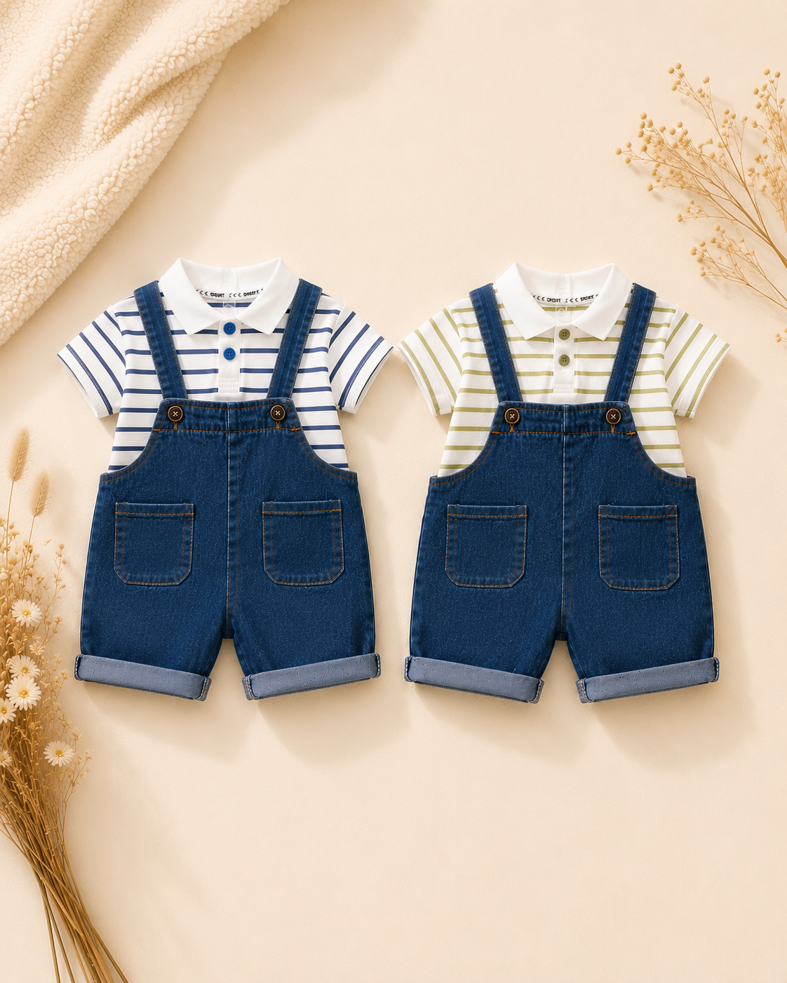 Baby Striped Polo Shirt & Denim Shortalls Set | Summer Outfit