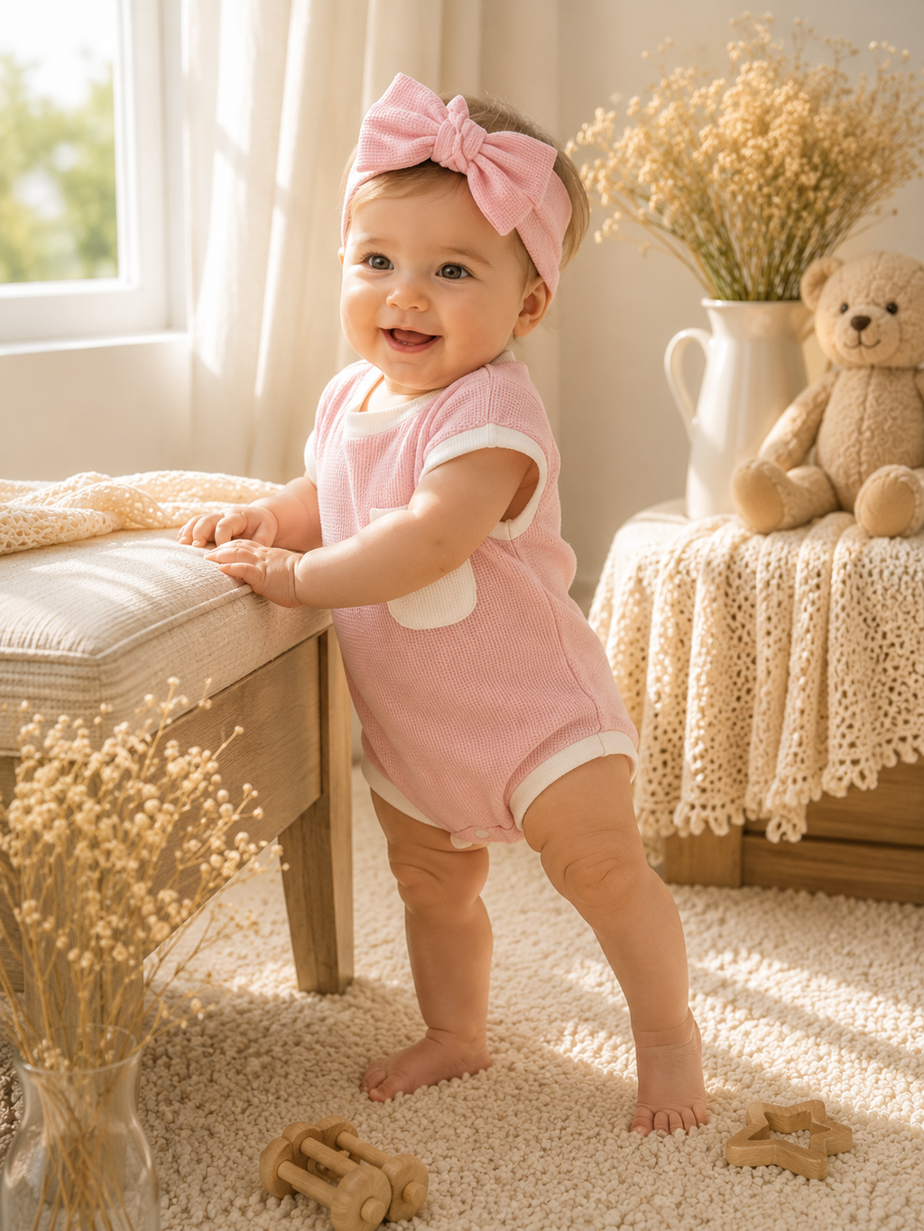 Baby Waffle Knit Romper & Bow Headband Set | Soft Cotton Short Sleeve Outfit