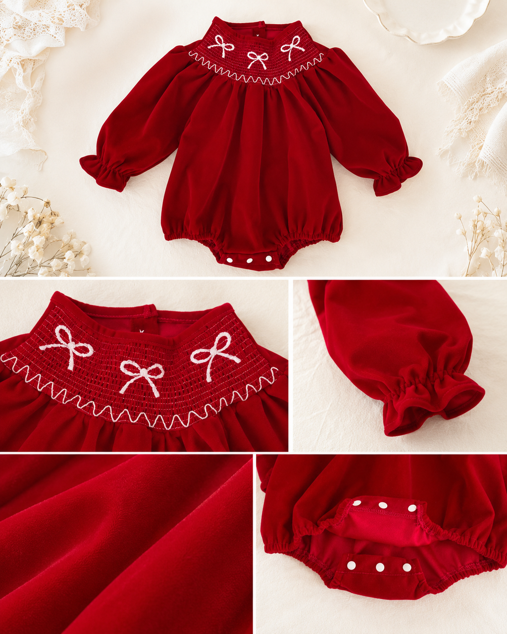 Embroidered Bow Bubble Romper | Deep Red Long Sleeve Baby Outfit