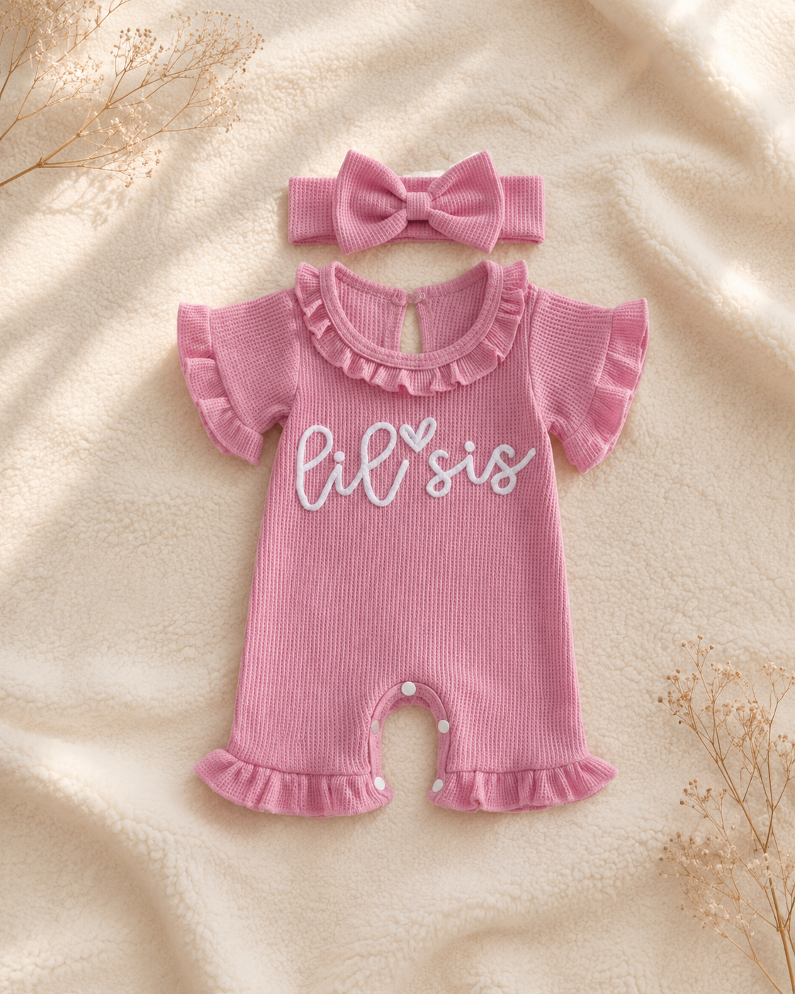 Lil Sis Waffle Knit Ruffle Romper Set with Matching Headband