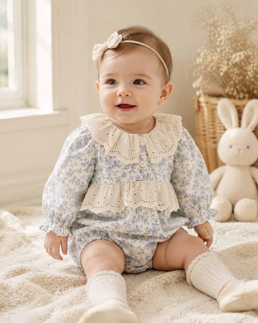 Blue Floral Lace Collar Baby Romper | Long Sleeve Cotton Bubble Romper