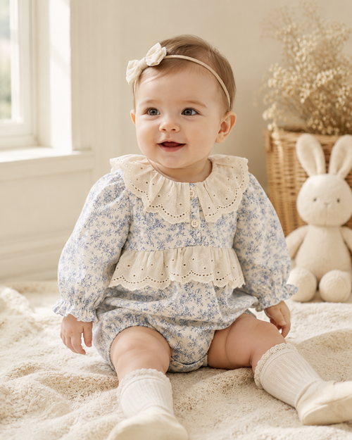 Blue Floral Lace Collar Baby Romper | Long Sleeve Cotton Bubble Romper