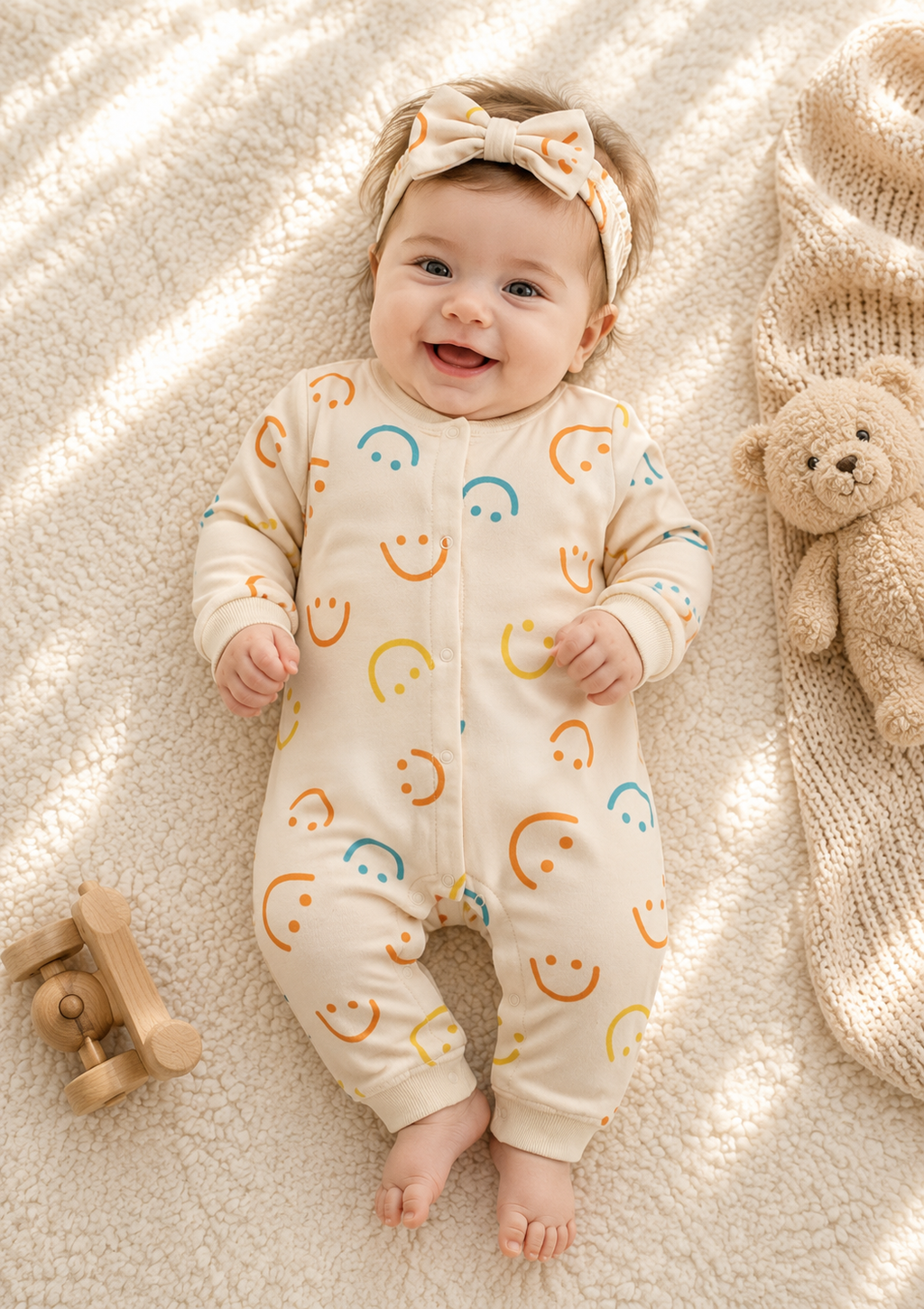 Smiley Print Baby Romper with Matching Headband | 100% Cotton Long Sleeve Jumpsuit
