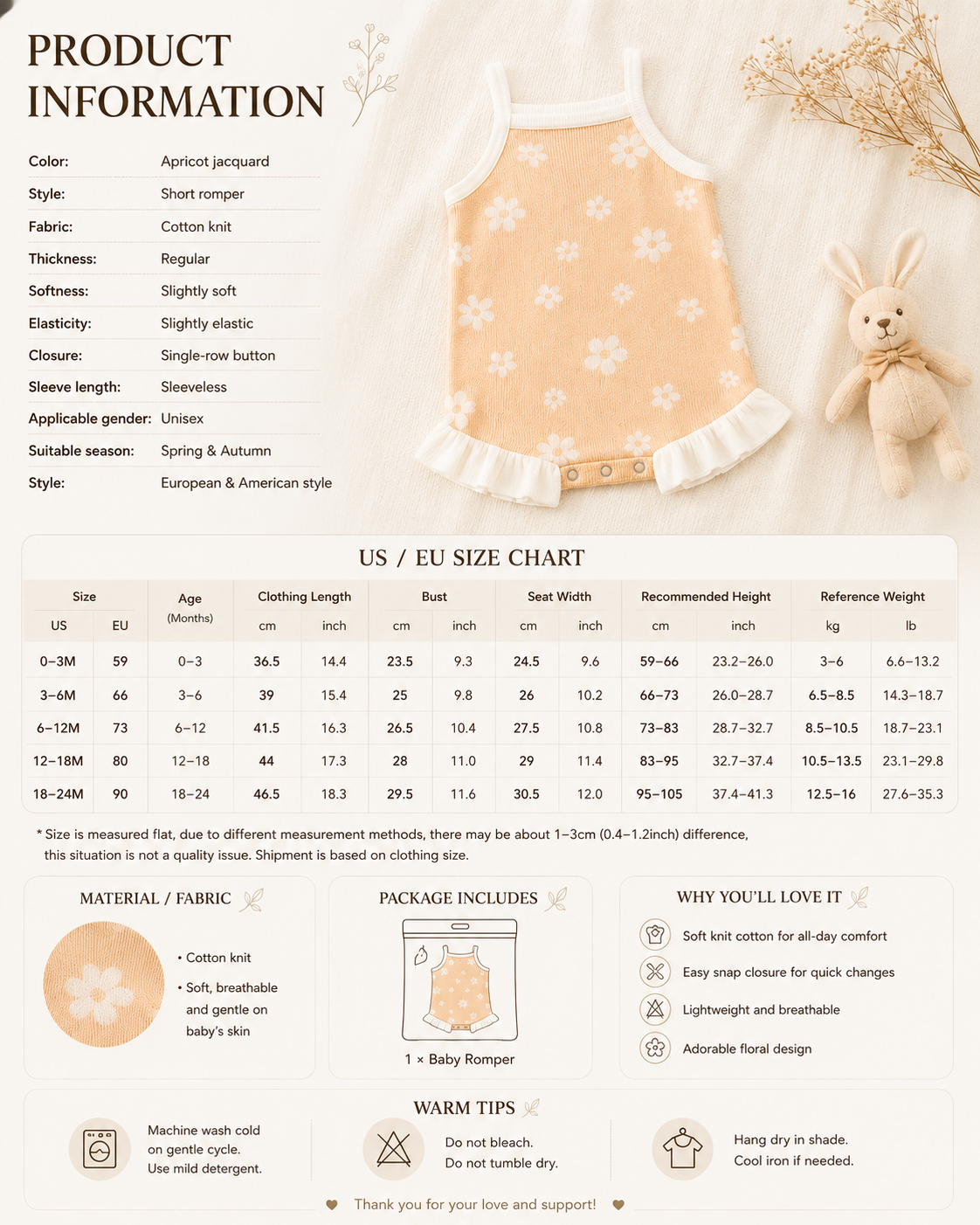 Apricot Floral Knit Baby Romper