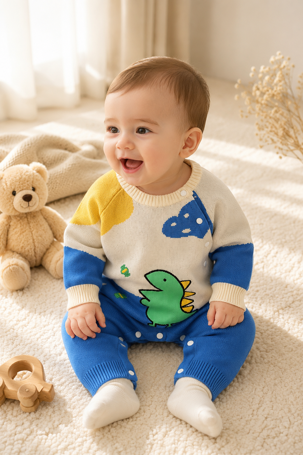 Dinosaur Knit Baby Romper – Soft Cotton Long Sleeve Baby Jumpsuit