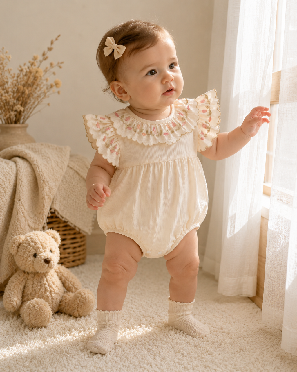 Floral Embroidered Ruffle Baby Romper