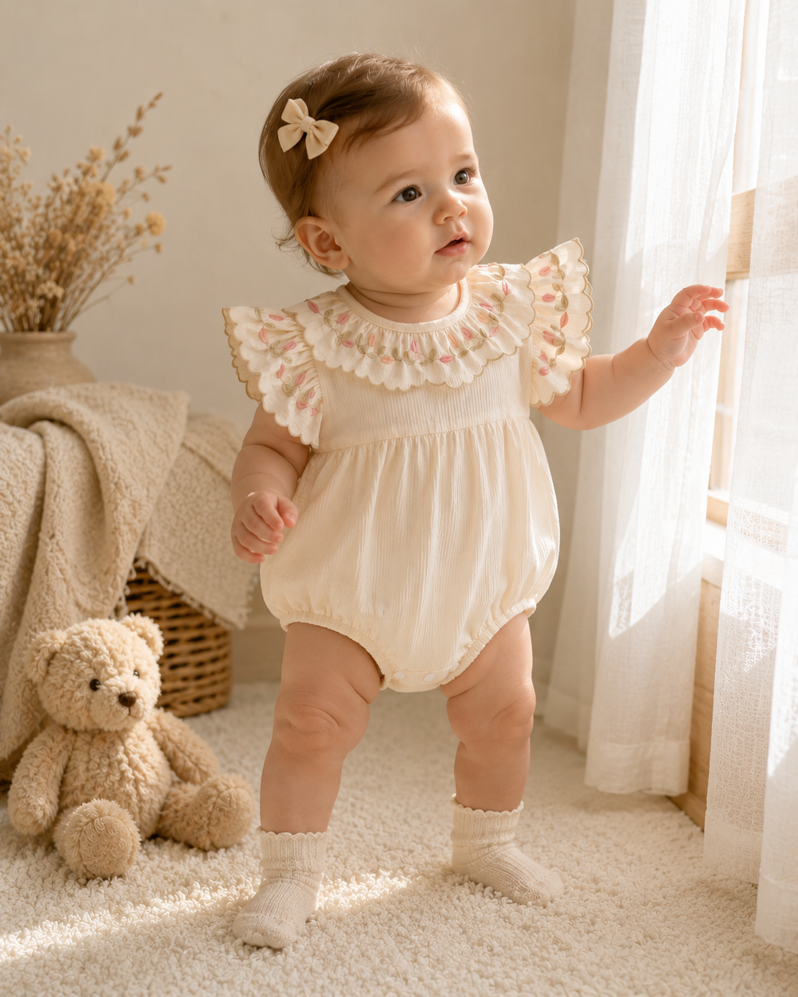 Floral Embroidered Ruffle Baby Romper