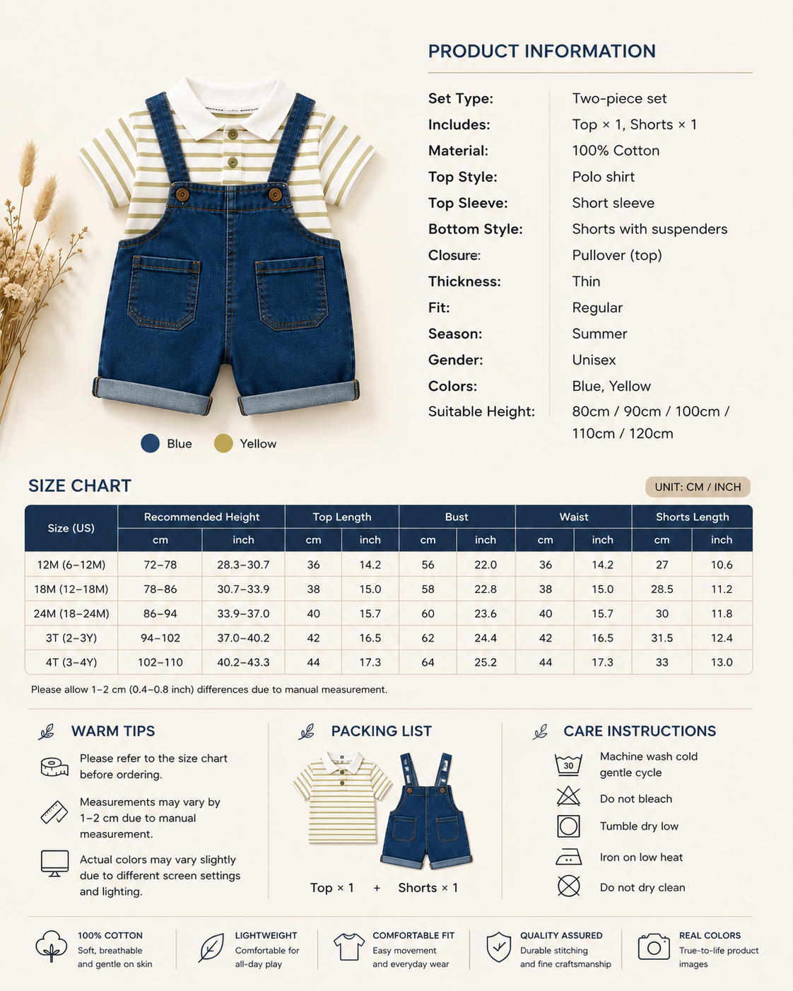 Baby Striped Polo Shirt & Denim Shortalls Set | Summer Outfit