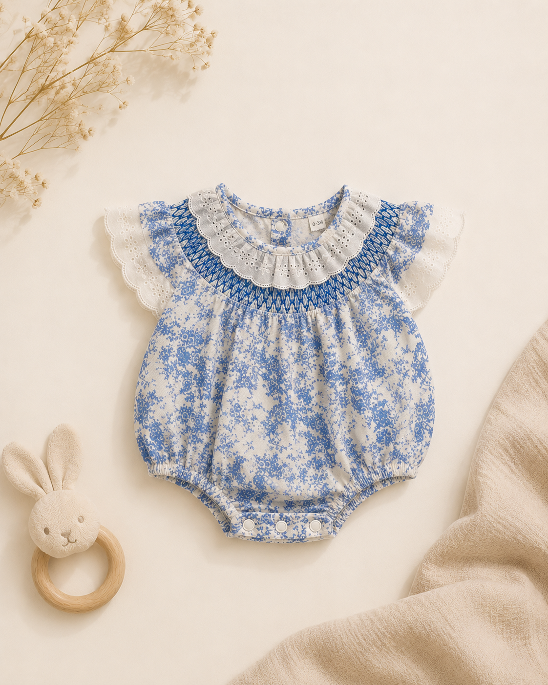 Blue Toile Lace Smocked Baby Romper