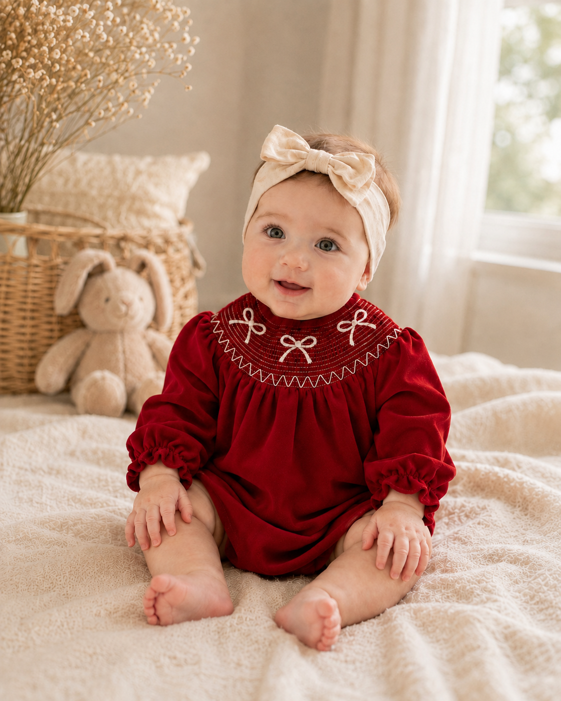 Embroidered Bow Bubble Romper | Deep Red Long Sleeve Baby Outfit