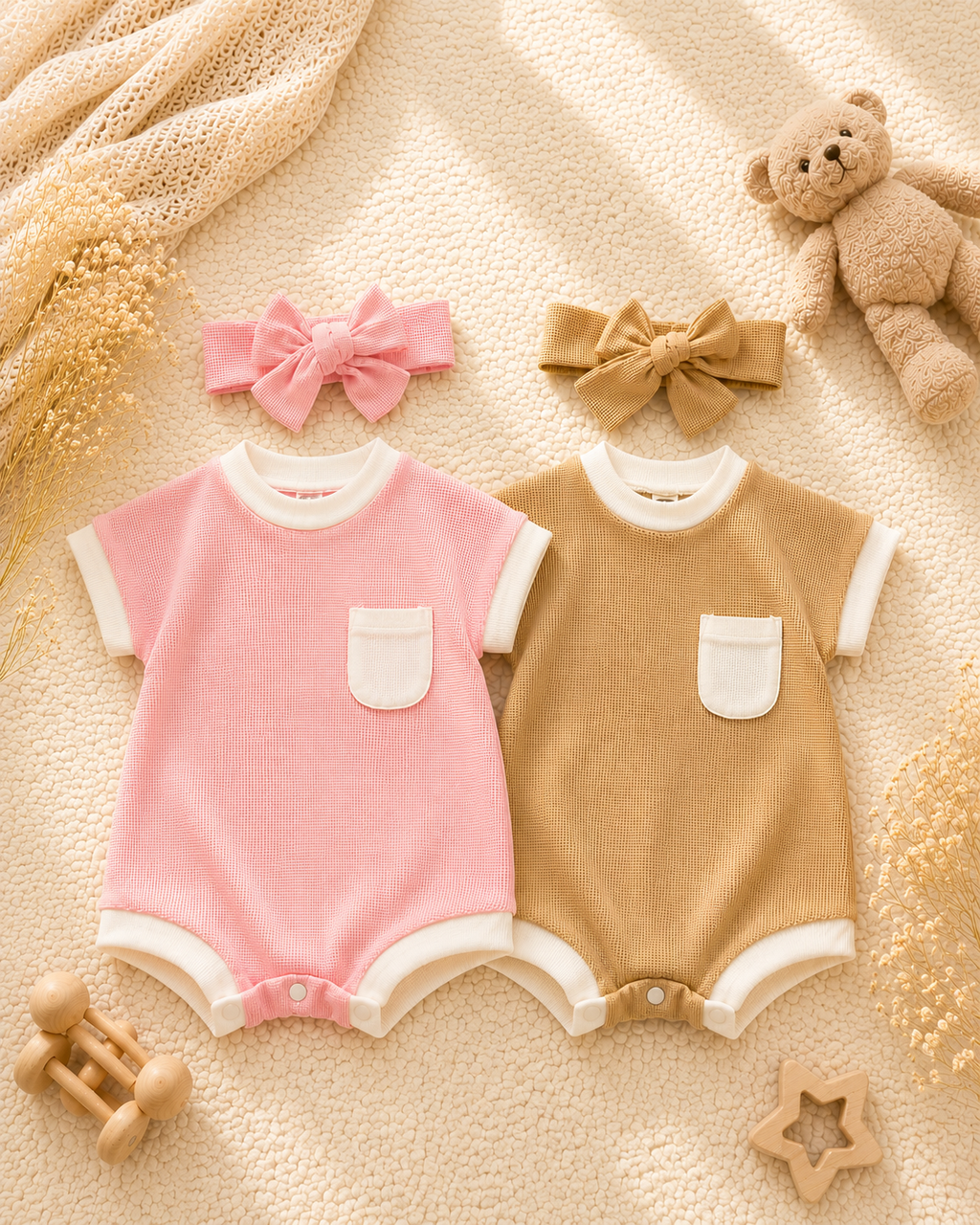 Baby Waffle Knit Romper & Bow Headband Set | Soft Cotton Short Sleeve Outfit