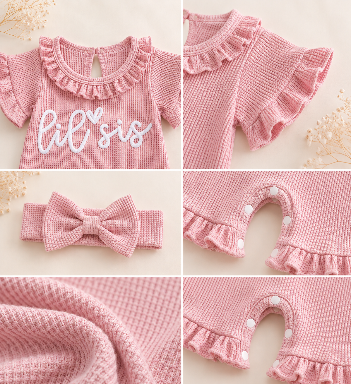 Lil Sis Waffle Knit Ruffle Romper Set with Matching Headband