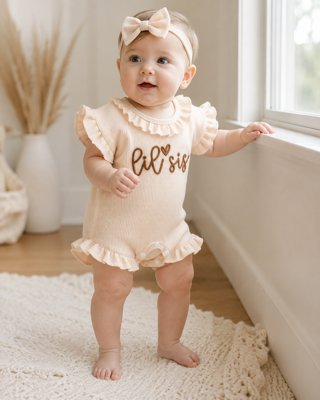 Lil Sis Waffle Knit Ruffle Romper Set with Matching Headband