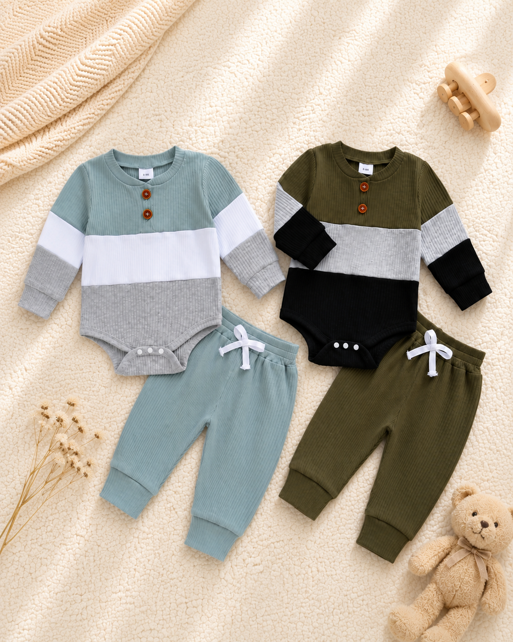 Ribbed Color Block Baby Romper Set