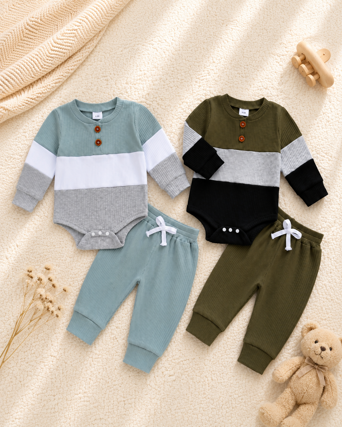 Ribbed Color Block Baby Romper Set