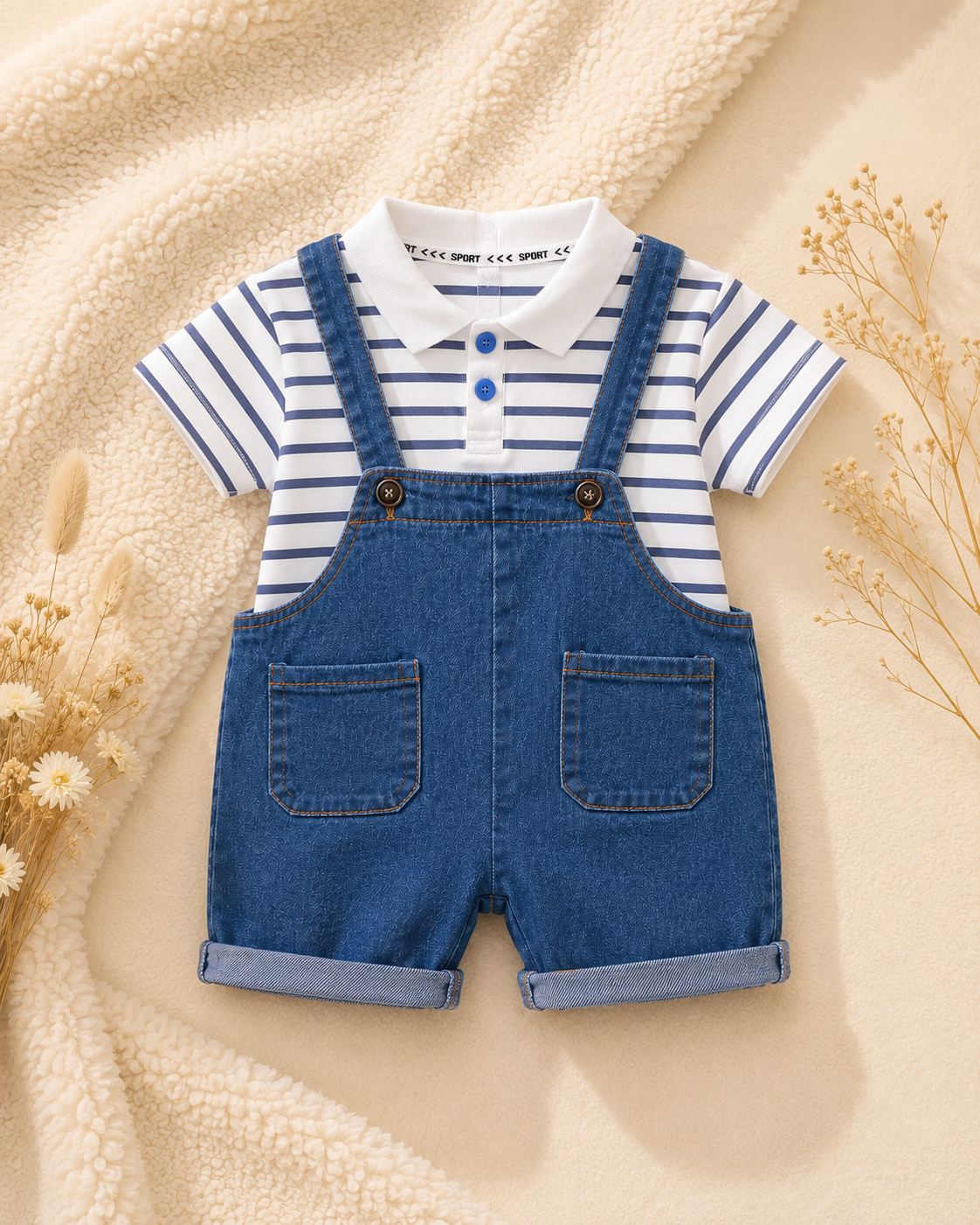 Baby Striped Polo Shirt & Denim Shortalls Set | Summer Outfit