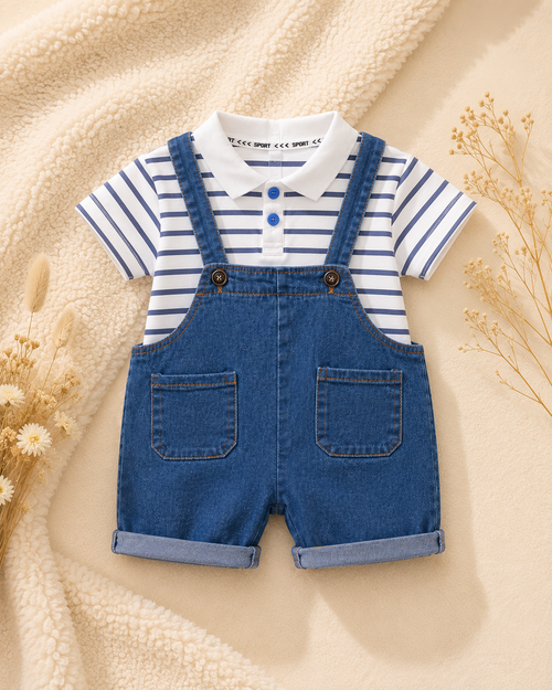 Baby Striped Polo Shirt & Denim Shortalls Set | Summer Outfit