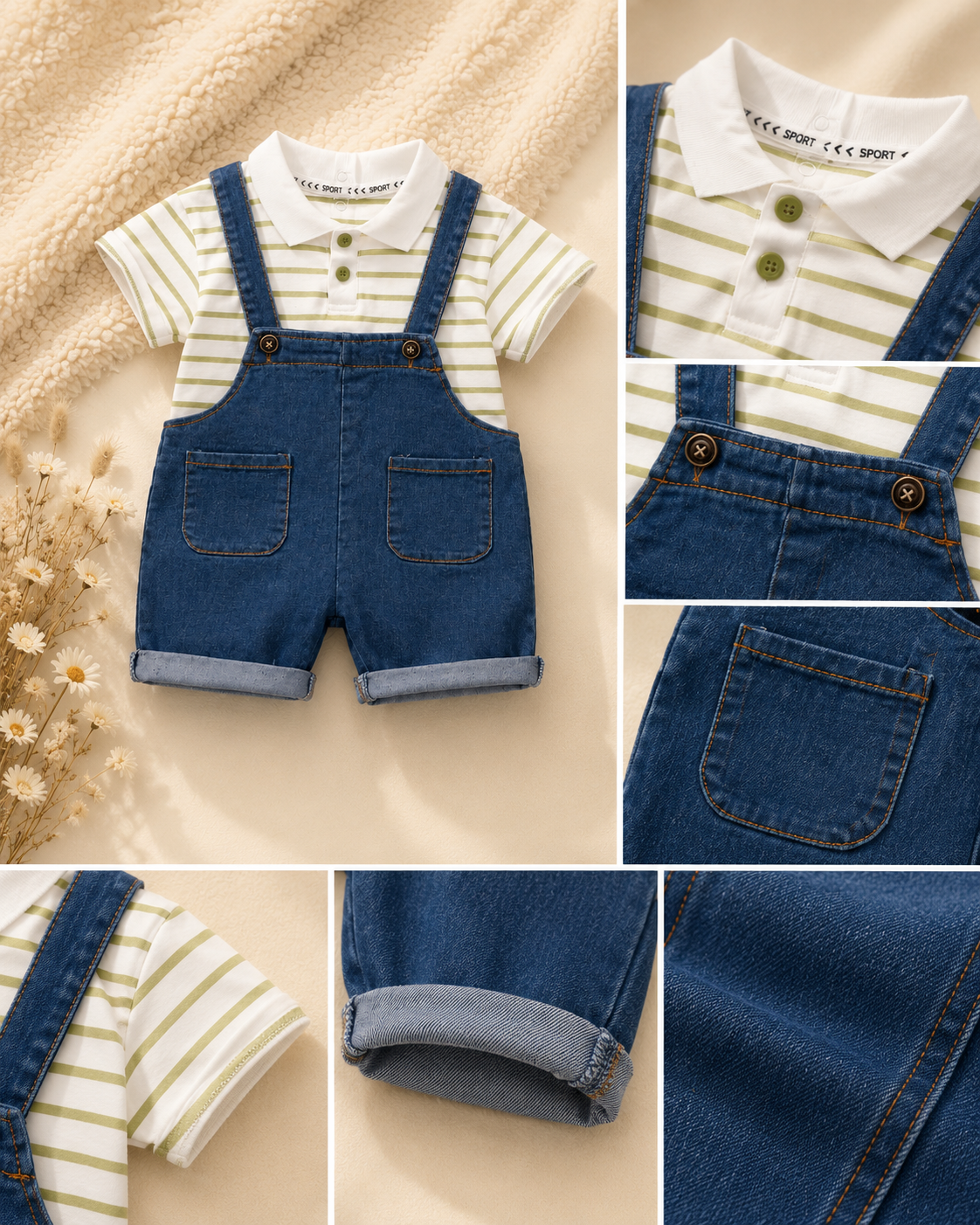 Baby Striped Polo Shirt & Denim Shortalls Set | Summer Outfit