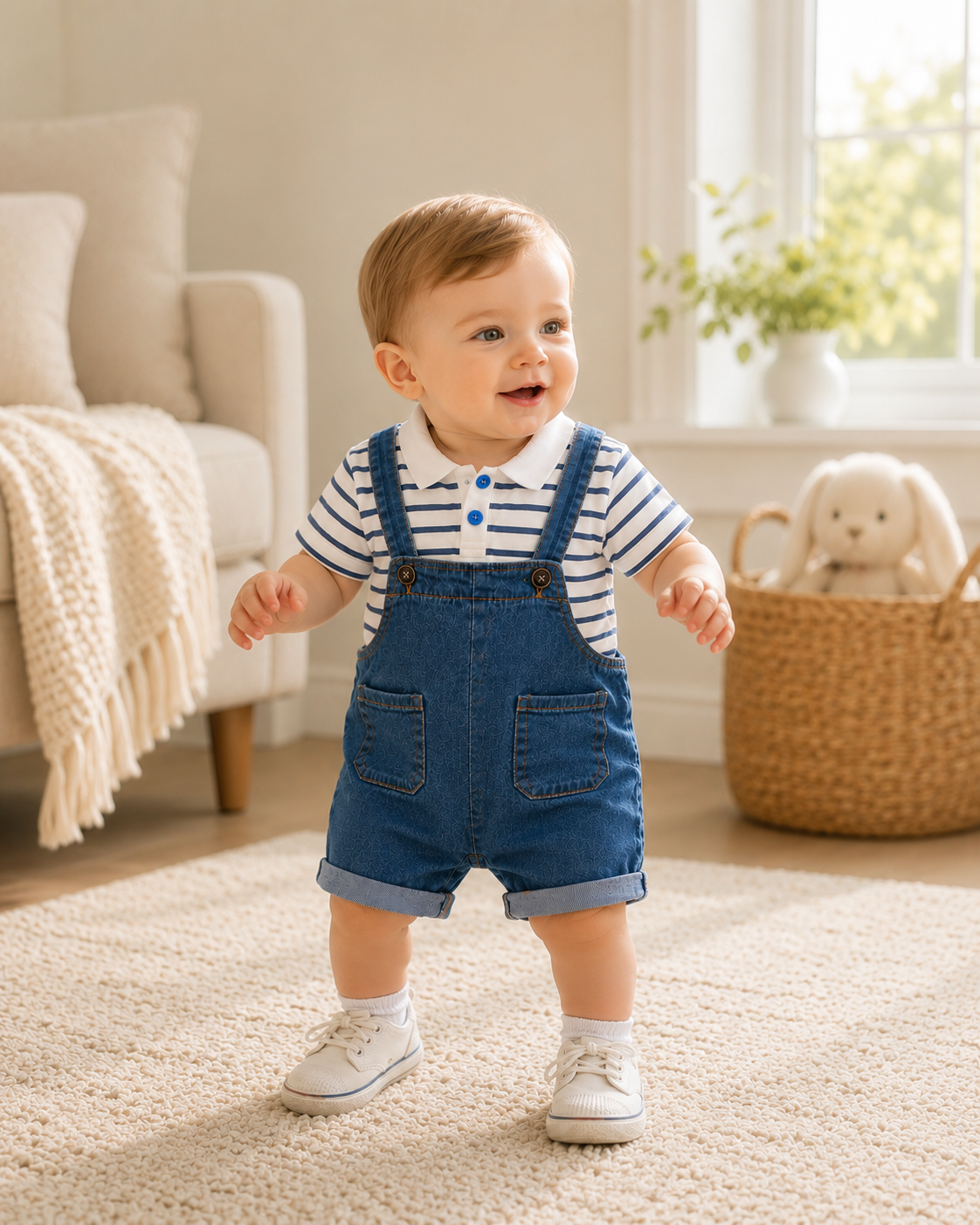 Baby Striped Polo Shirt & Denim Shortalls Set | Summer Outfit