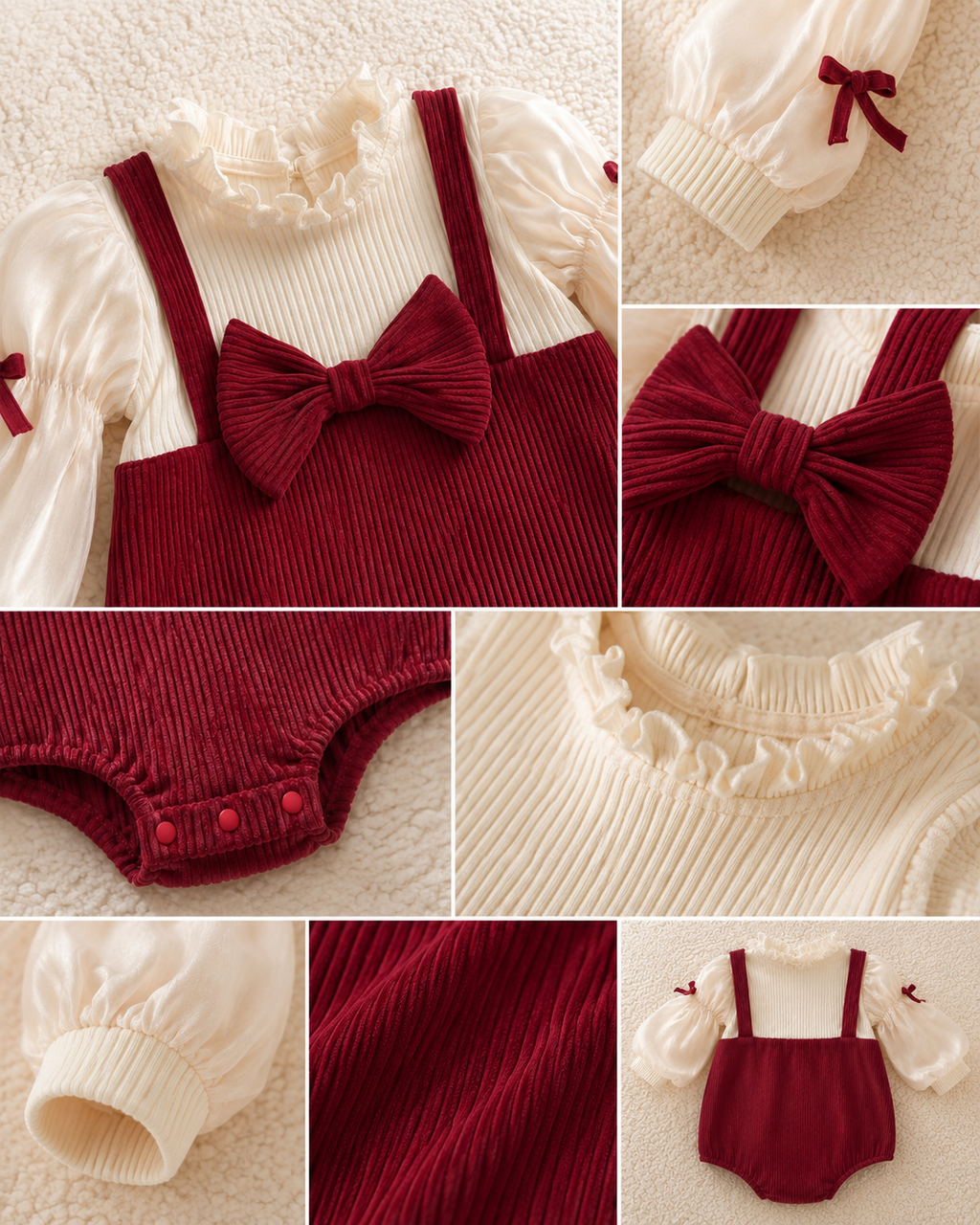 Burgundy Bow Corduroy Baby Girl Romper
