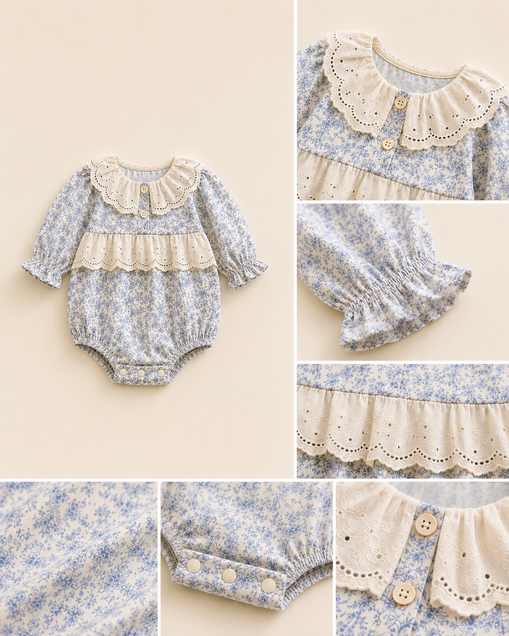 Blue Floral Lace Collar Baby Romper | Long Sleeve Cotton Bubble Romper