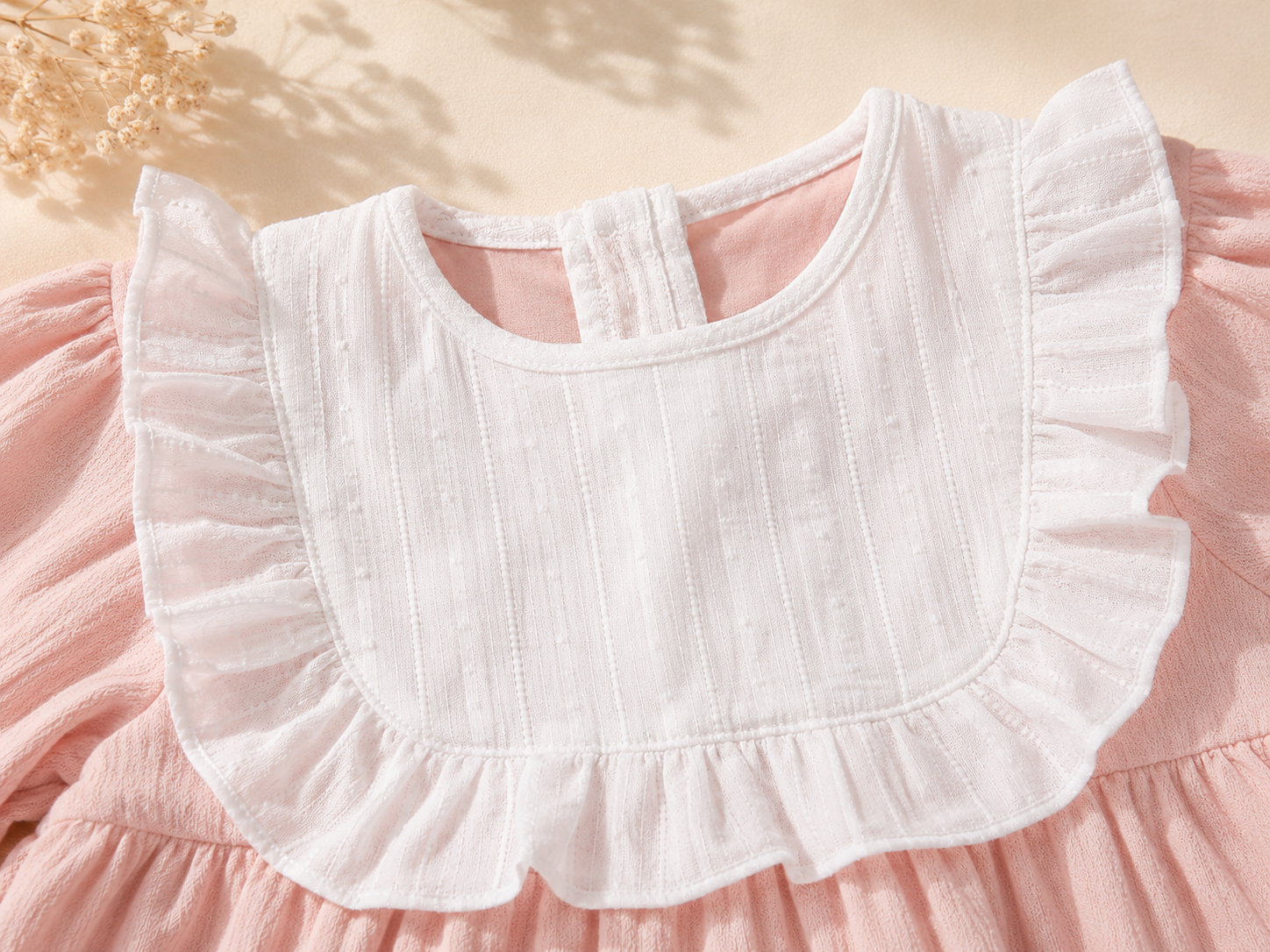 Vintage Pink Cotton Baby Romper with Ruffle Collar