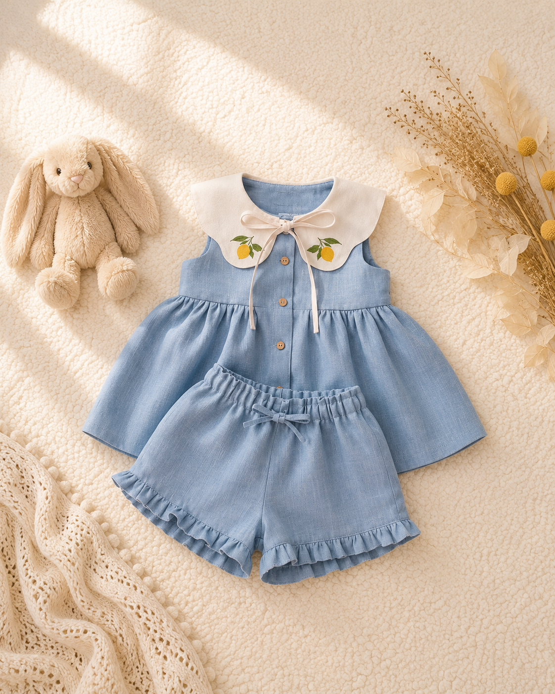 Lemon Embroidered Baby Dress & Shorts Set