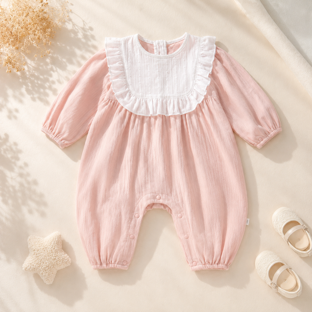 Vintage Pink Cotton Baby Romper with Ruffle Collar