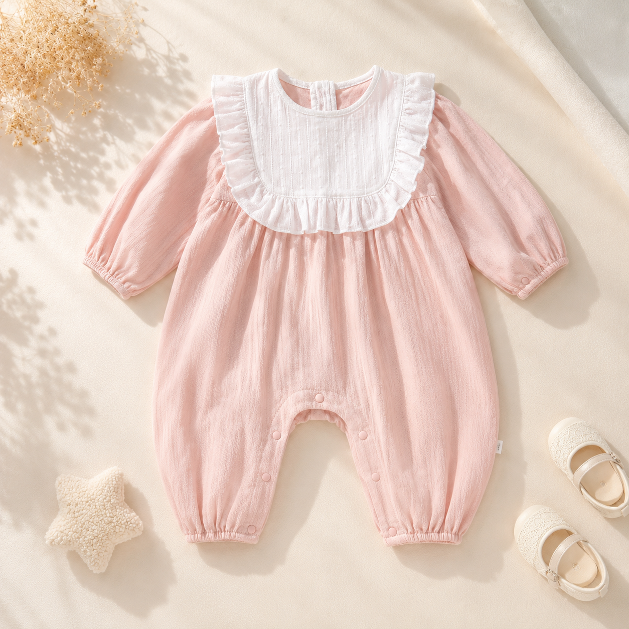 Vintage Pink Cotton Baby Romper with Ruffle Collar