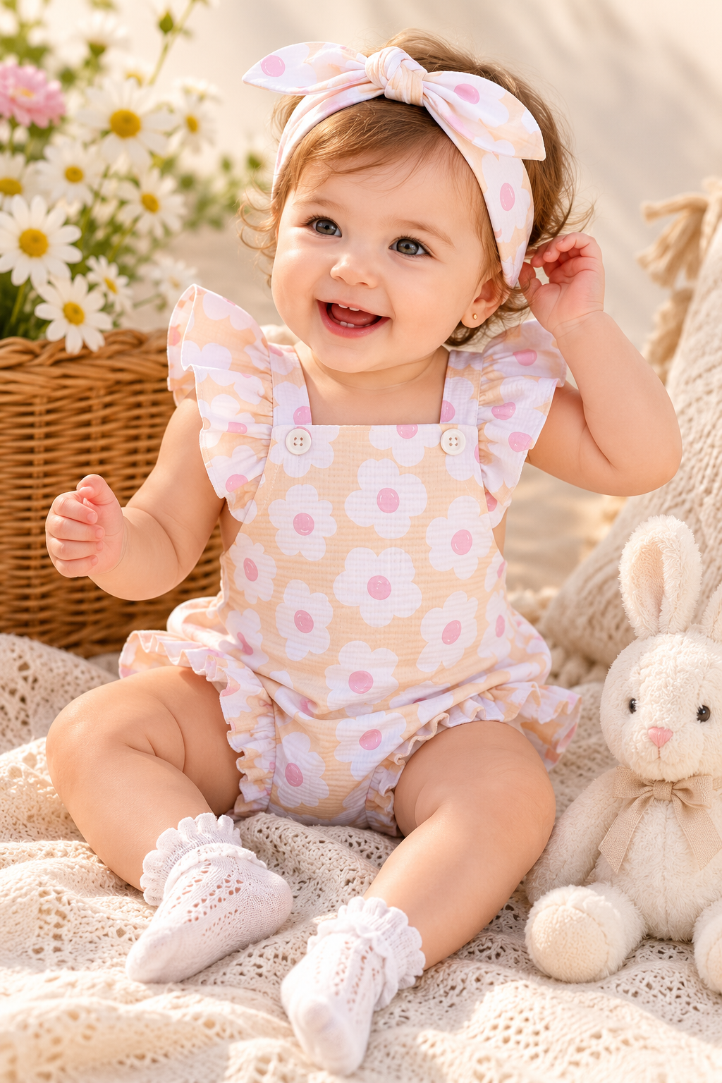 Peach Daisy Baby Romper & Headband Set