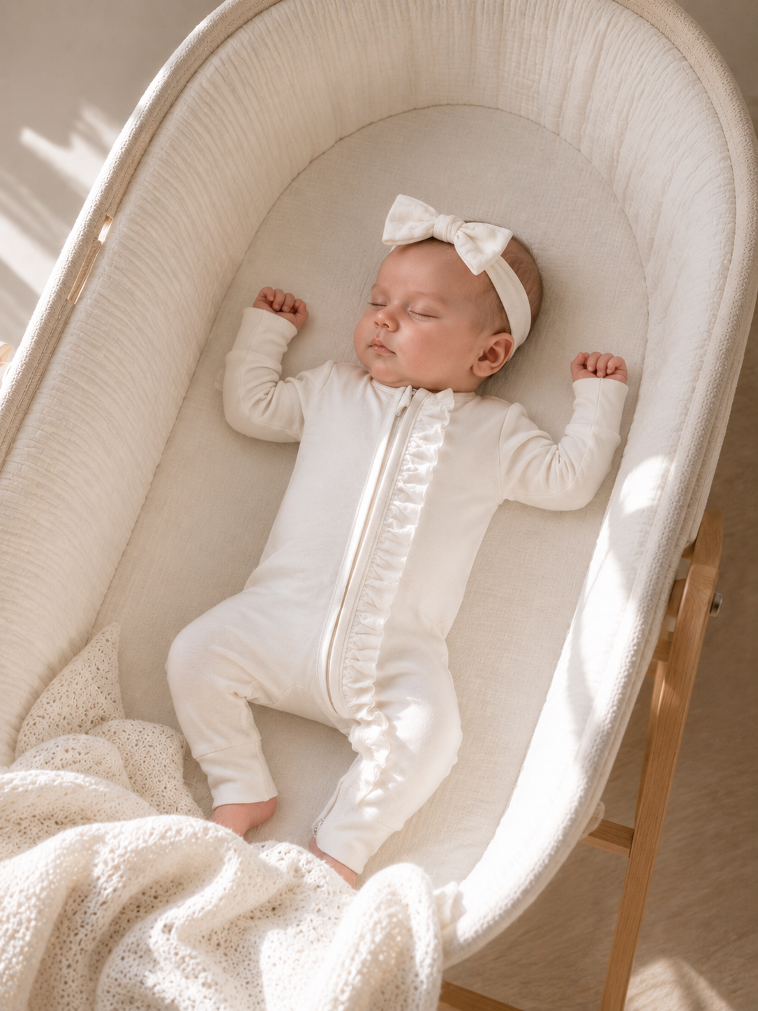 Ivory Ruffle Zip Romper & Bow Headband Set