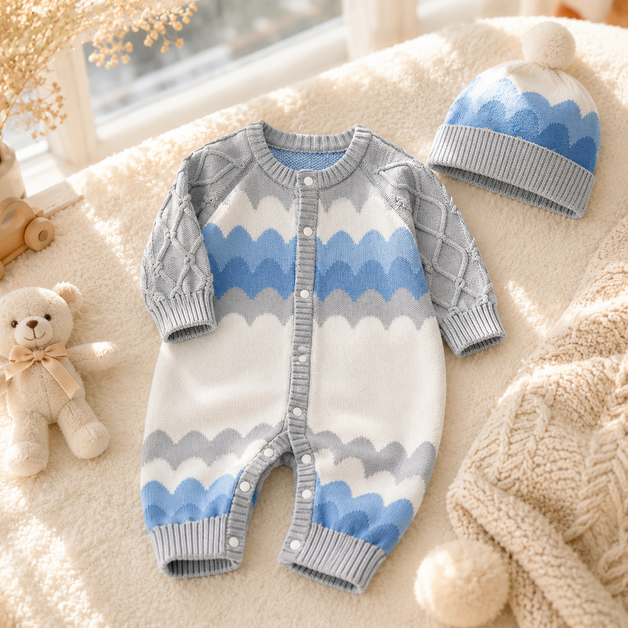 Cloud Wave Knit Romper & Hat Set