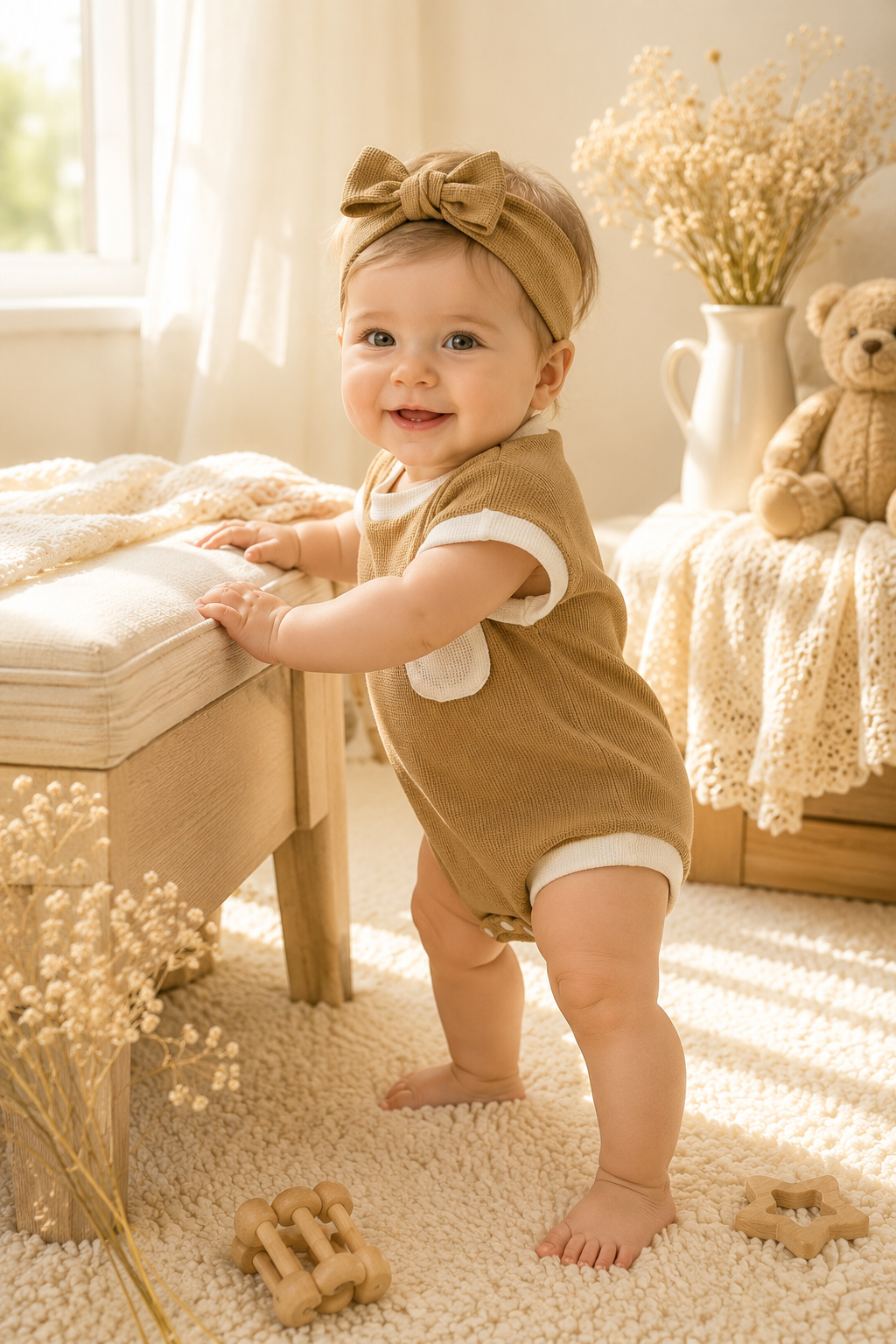 Baby Waffle Knit Romper & Bow Headband Set | Soft Cotton Short Sleeve Outfit