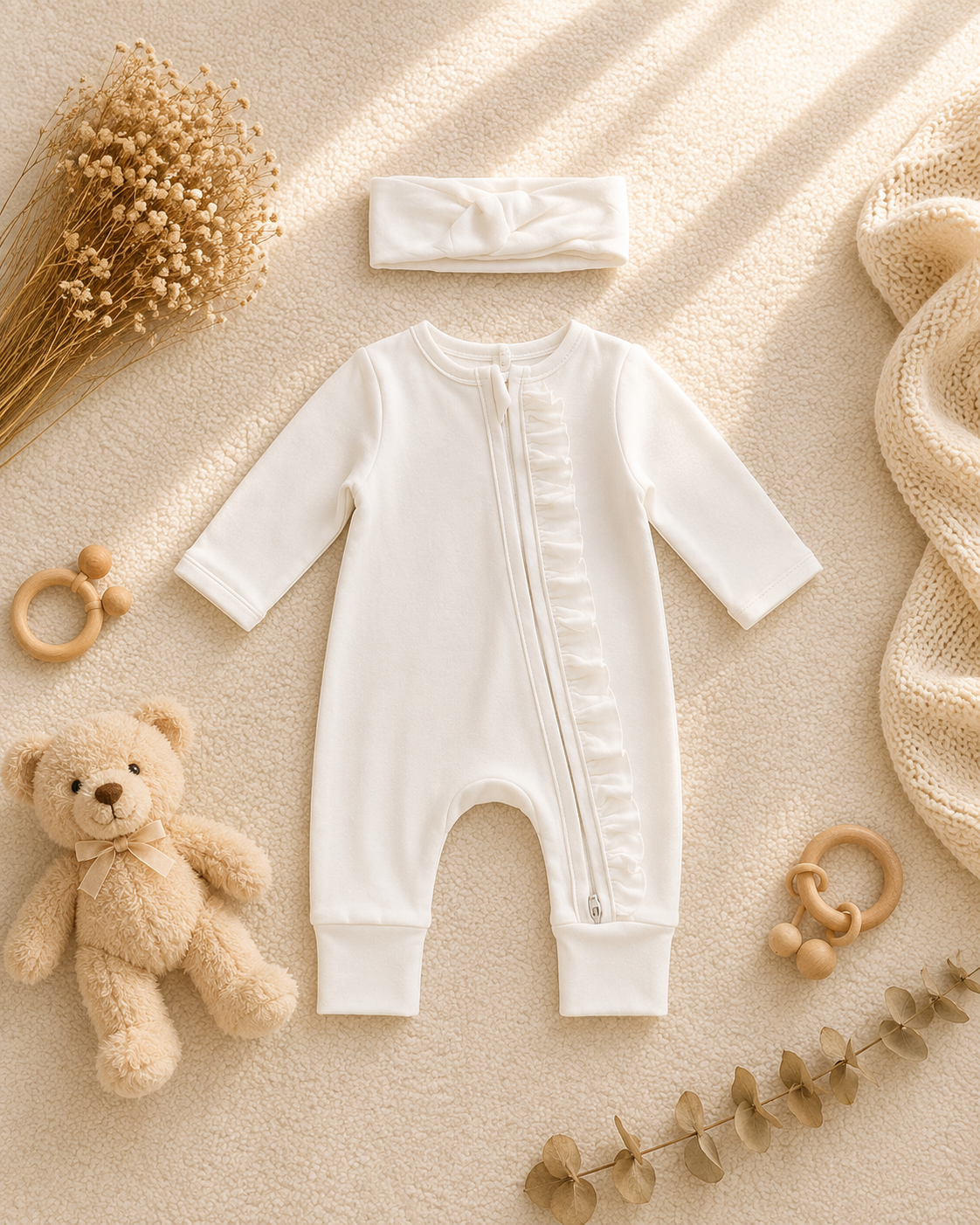 Ivory Ruffle Zip Romper & Bow Headband Set