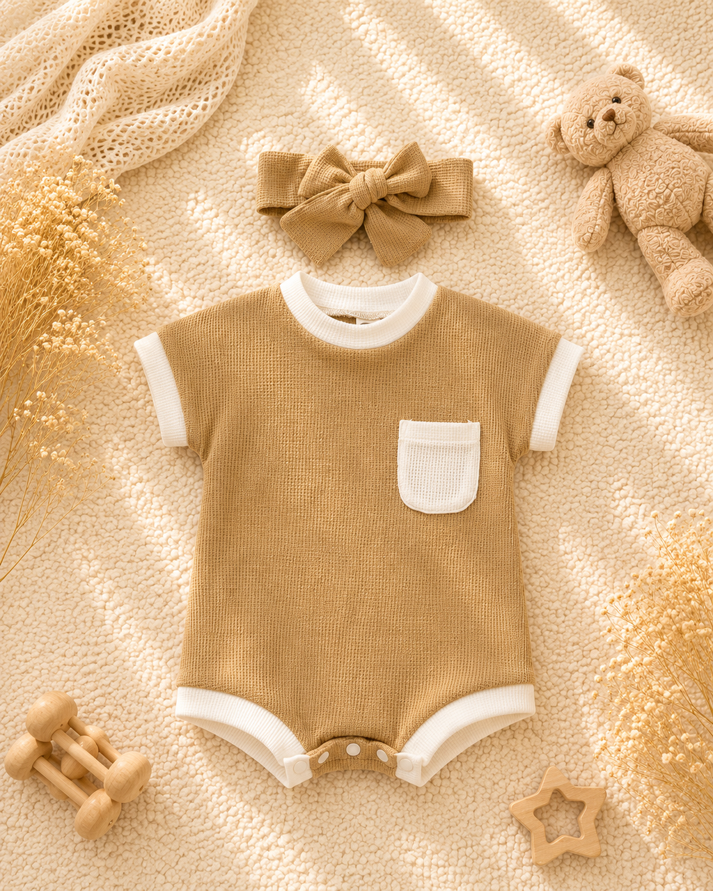 Baby Waffle Knit Romper & Bow Headband Set | Soft Cotton Short Sleeve Outfit