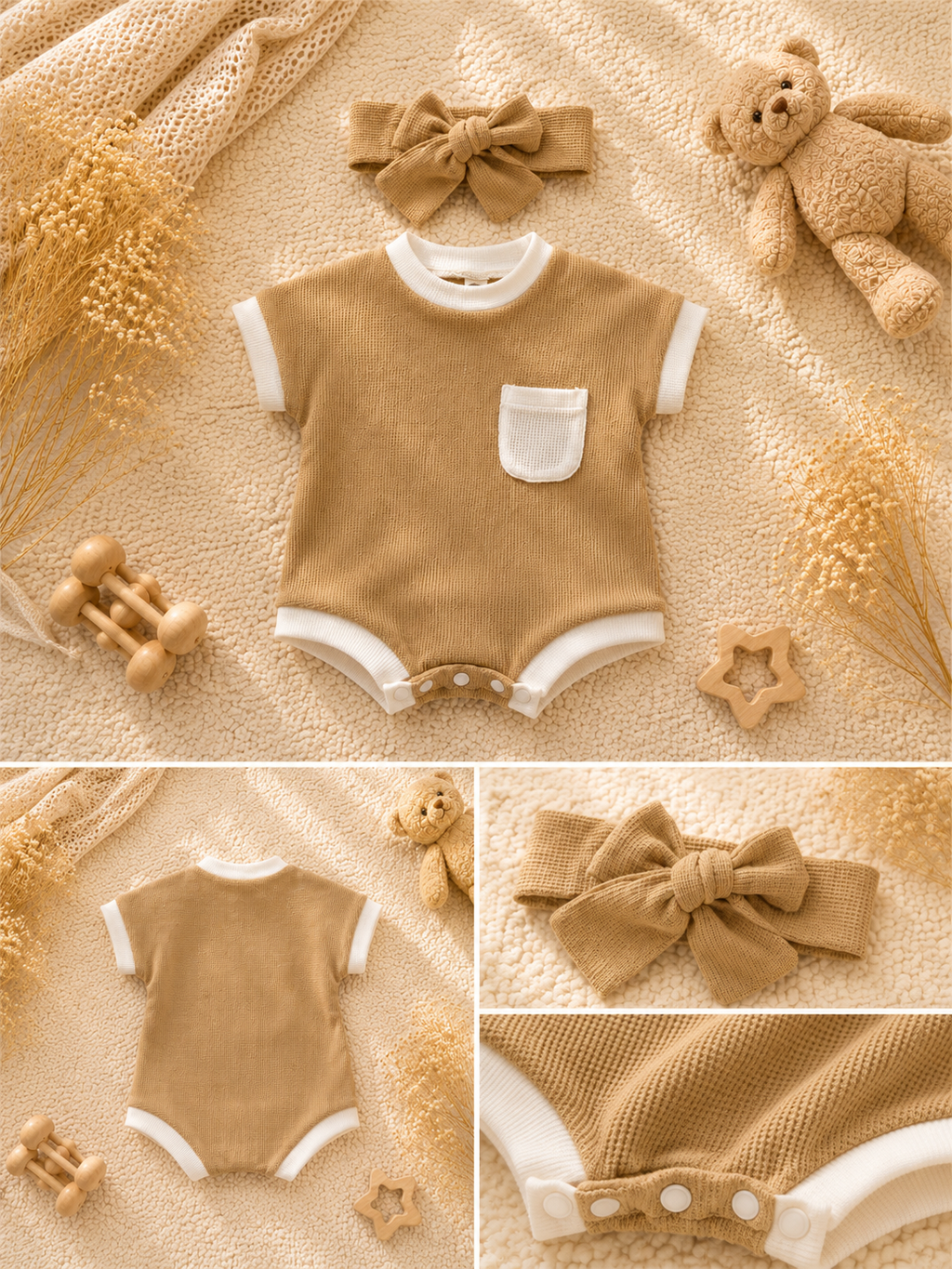 Baby Waffle Knit Romper & Bow Headband Set | Soft Cotton Short Sleeve Outfit
