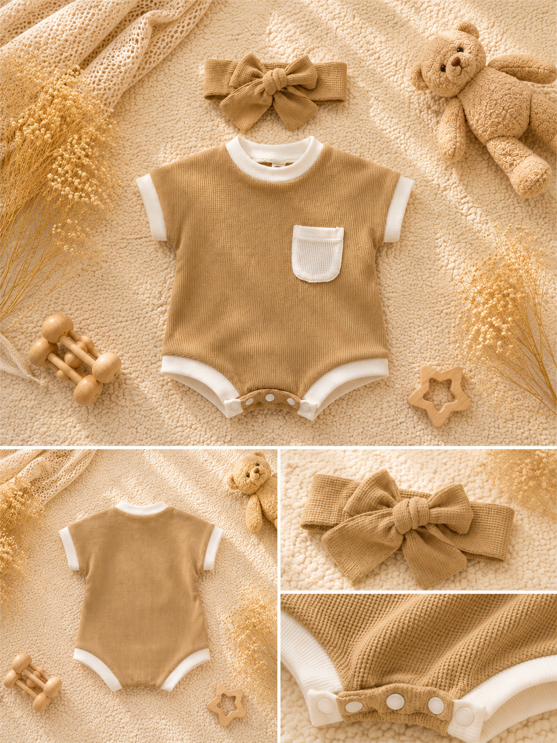 Baby Waffle Knit Romper & Bow Headband Set | Soft Cotton Short Sleeve Outfit