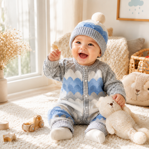 Cloud Wave Knit Romper & Hat Set