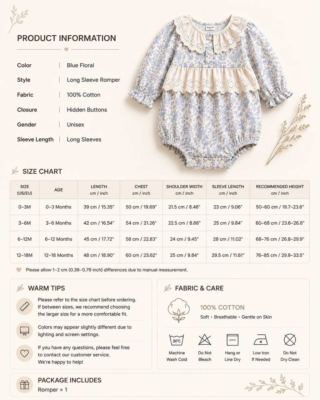 Blue Floral Lace Collar Baby Romper | Long Sleeve Cotton Bubble Romper