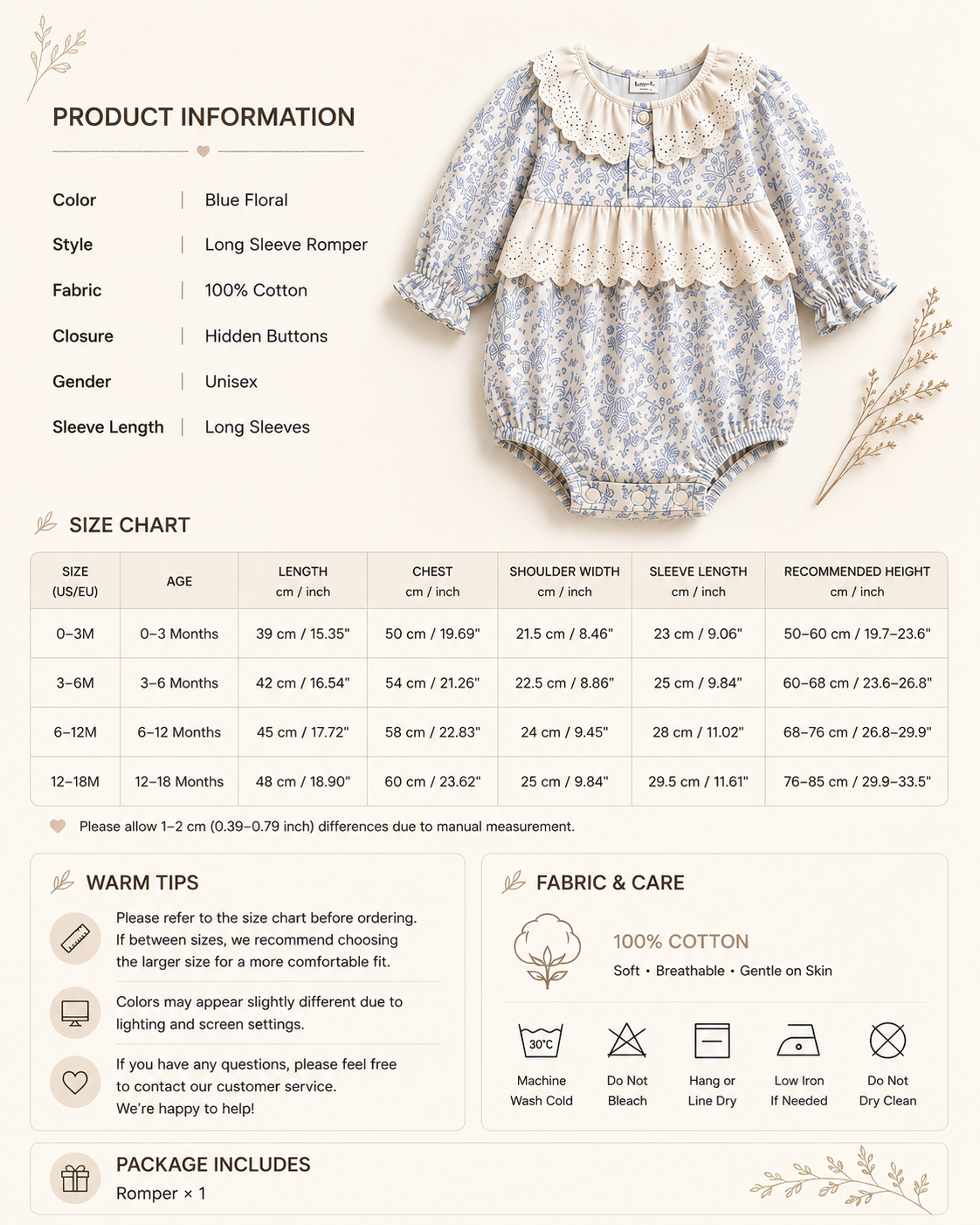 Blue Floral Lace Collar Baby Romper | Long Sleeve Cotton Bubble Romper