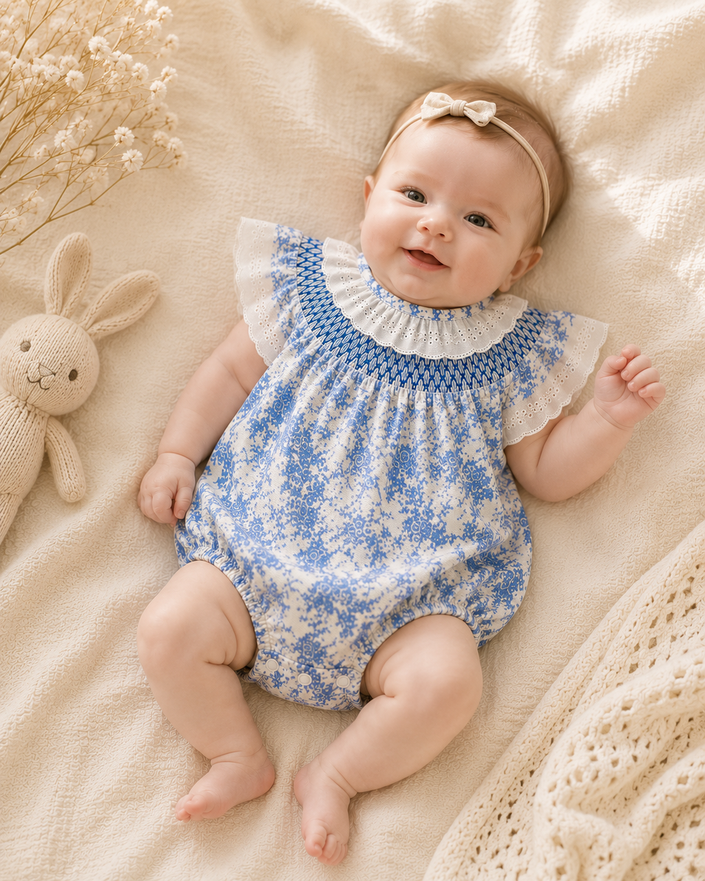 Blue Toile Lace Smocked Baby Romper
