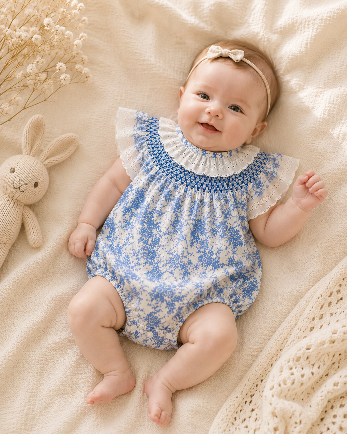 Blue Toile Lace Smocked Baby Romper