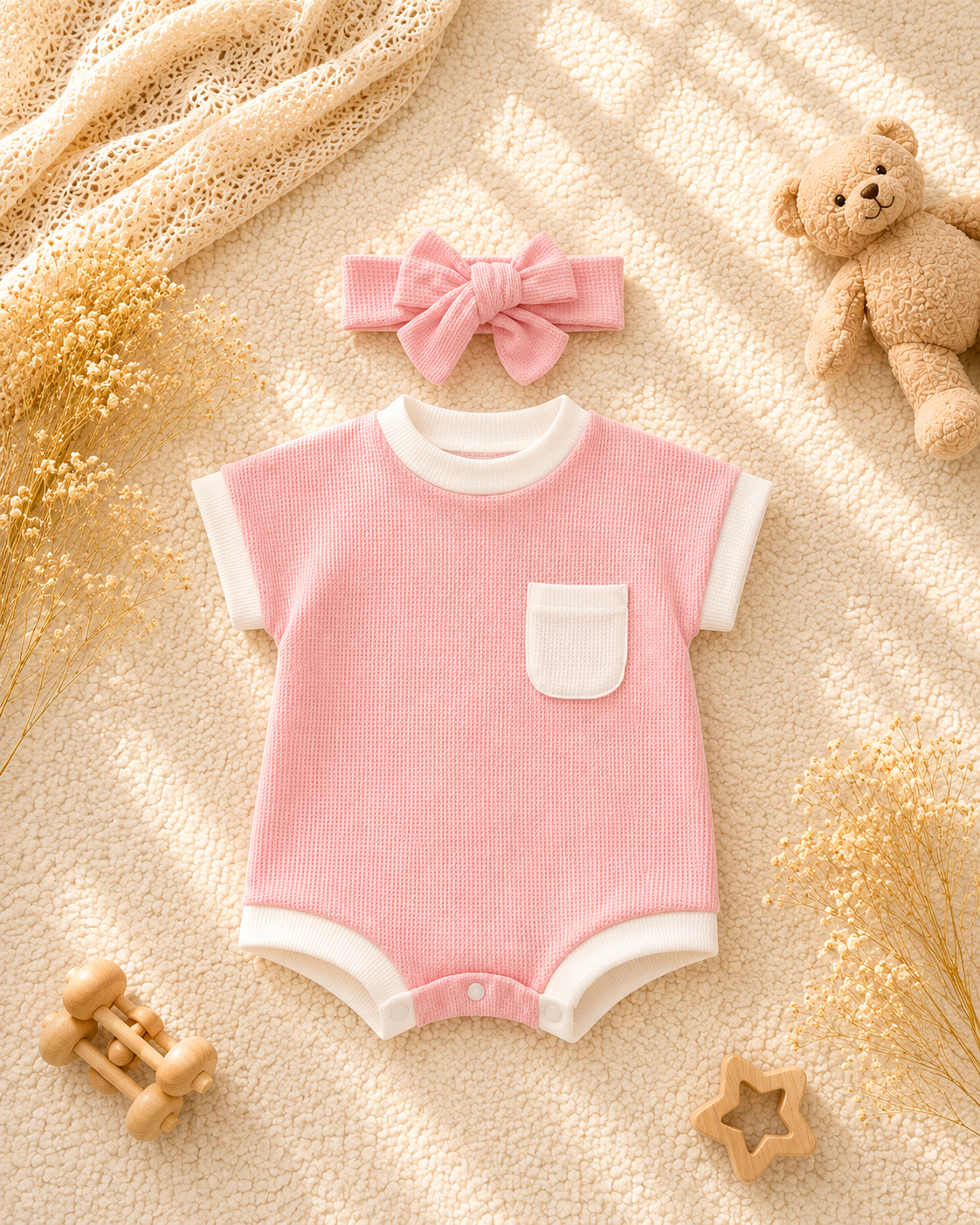 Baby Waffle Knit Romper & Bow Headband Set | Soft Cotton Short Sleeve Outfit