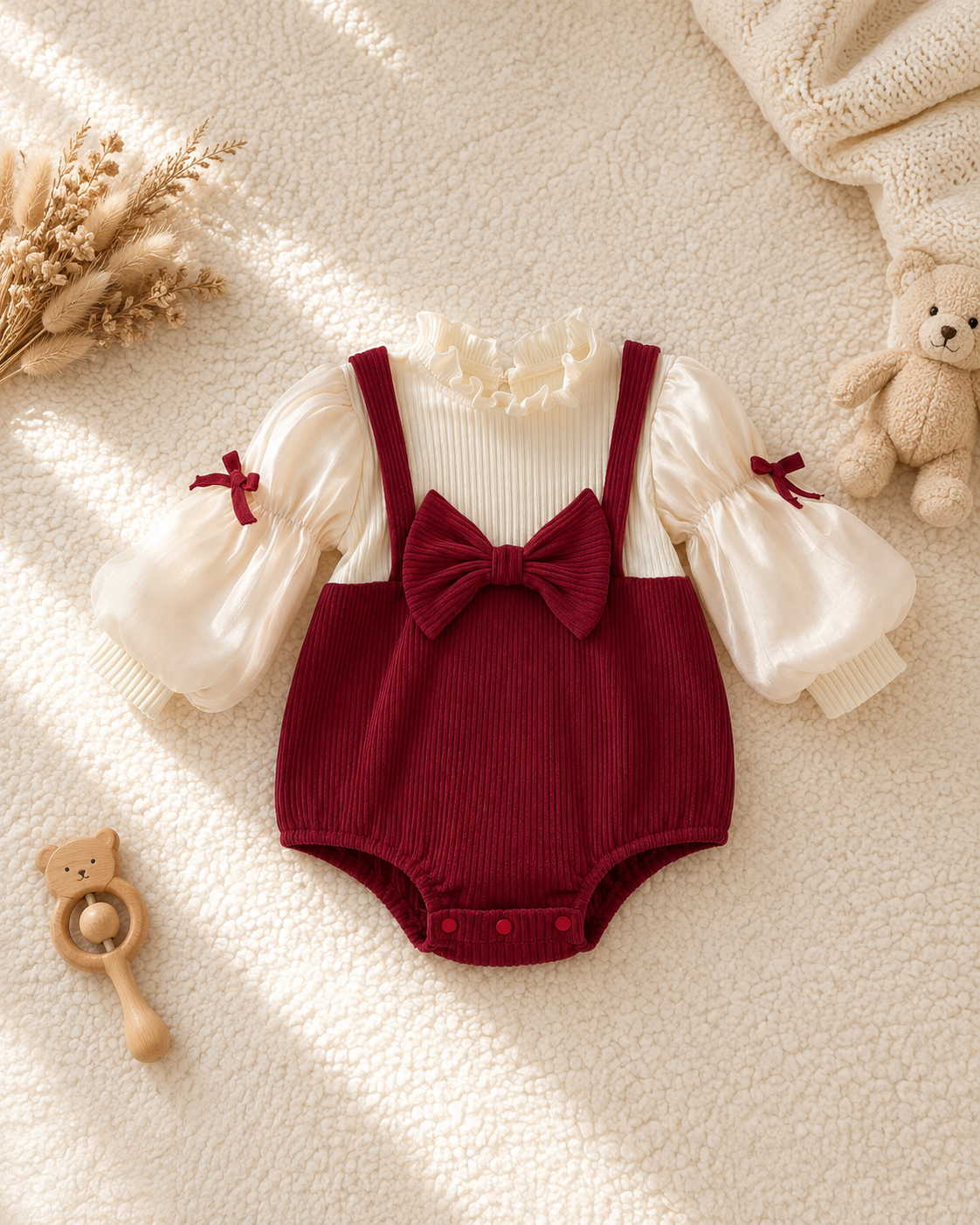 Burgundy Bow Corduroy Baby Girl Romper
